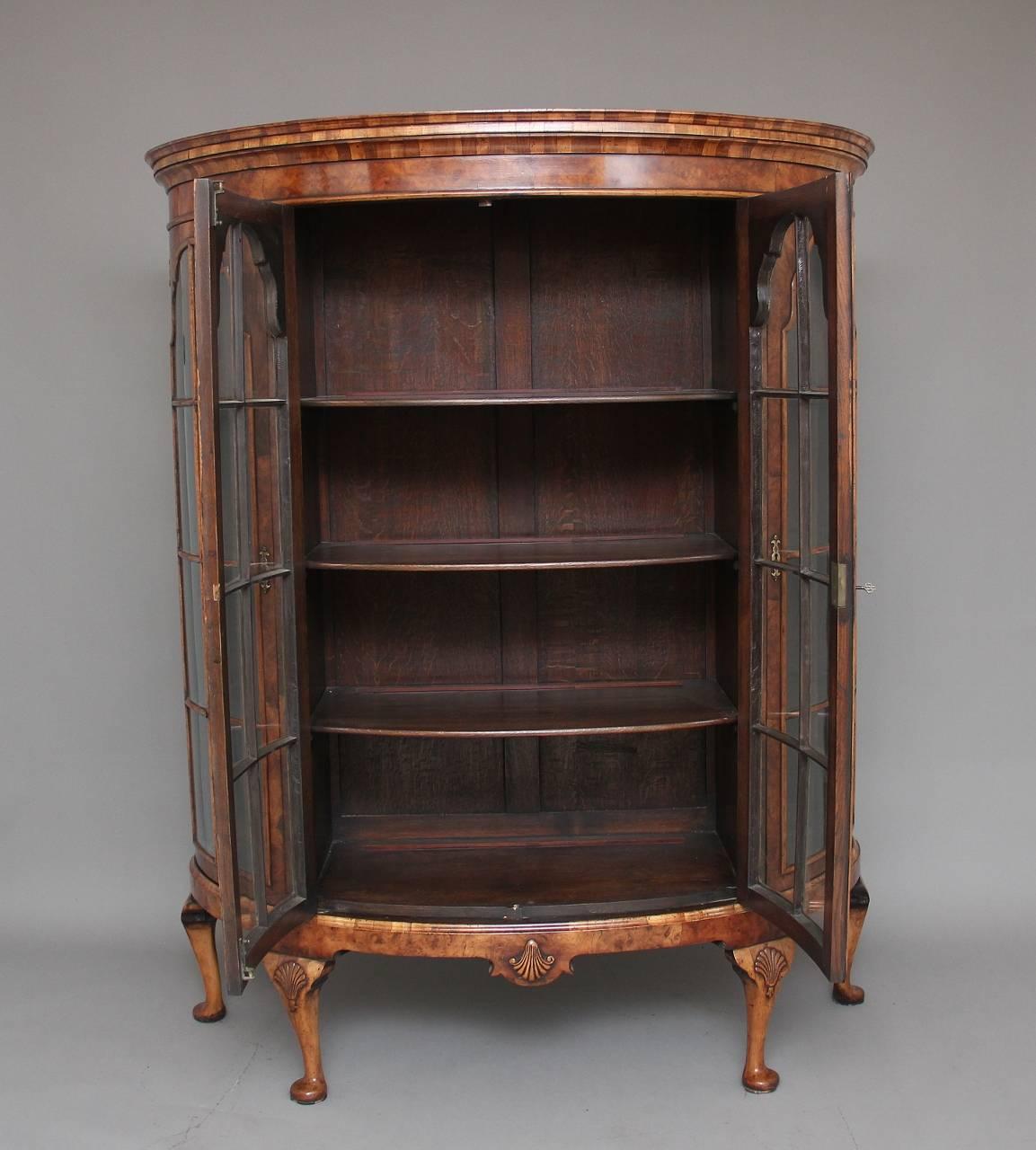 Queen Anne Early 20th Century Walnut Bowfronted Display Cabinet