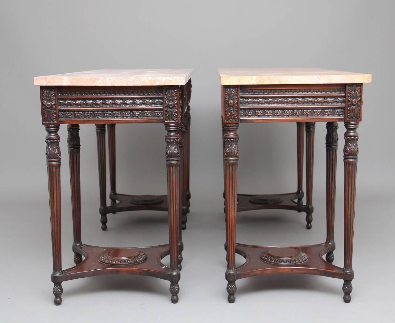 Adam Style Pair of Early 20th Century Mahogany and Marble Top Console Tables