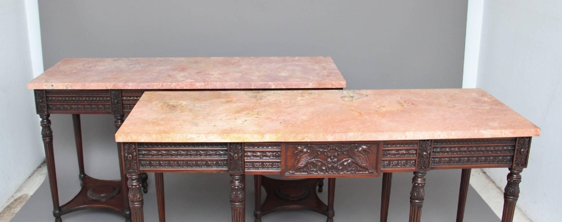 English Pair of Early 20th Century Mahogany and Marble Top Console Tables