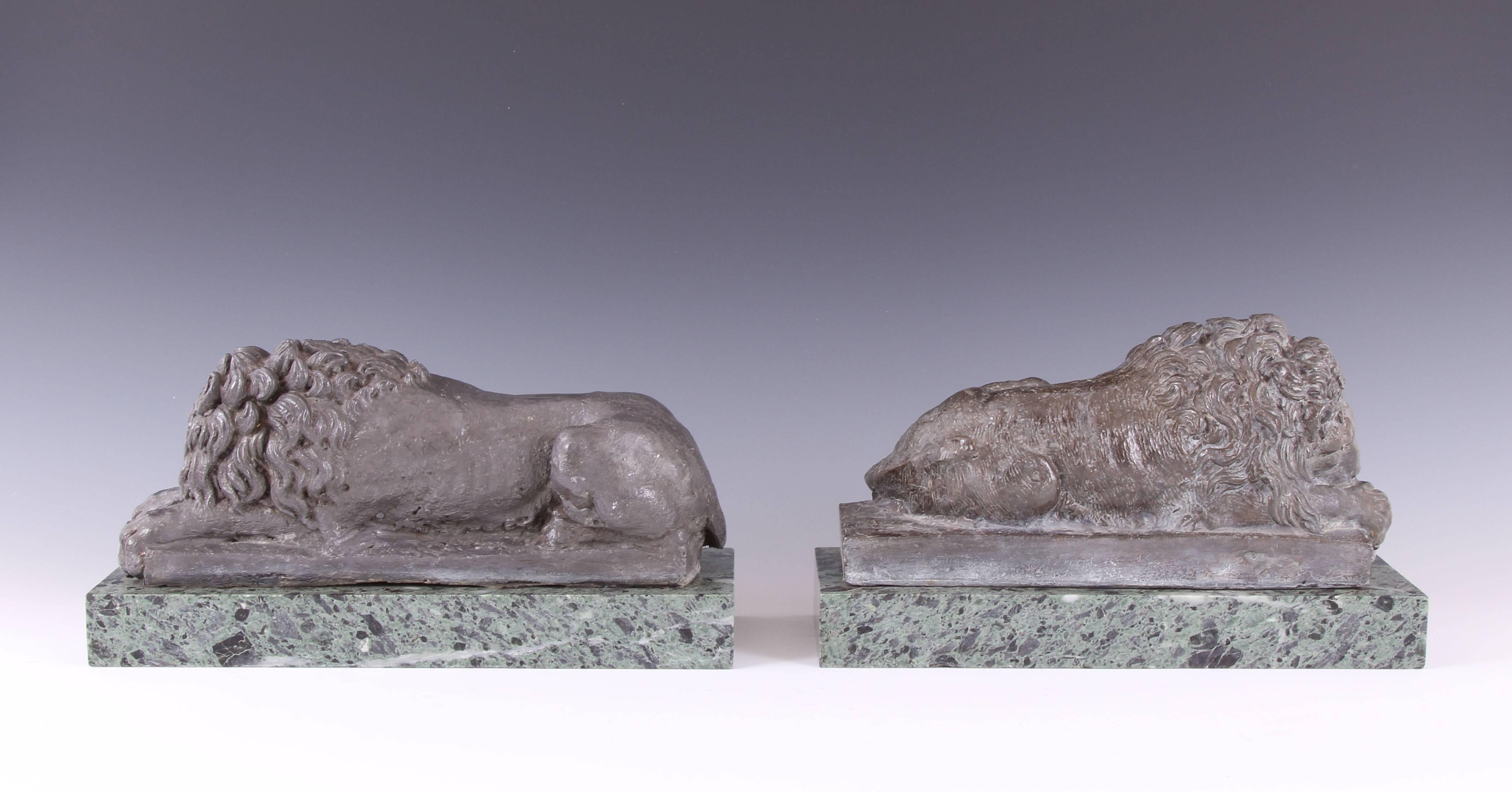Italian Pair of 19th Century Lead Canova Lions of Marble Plinths