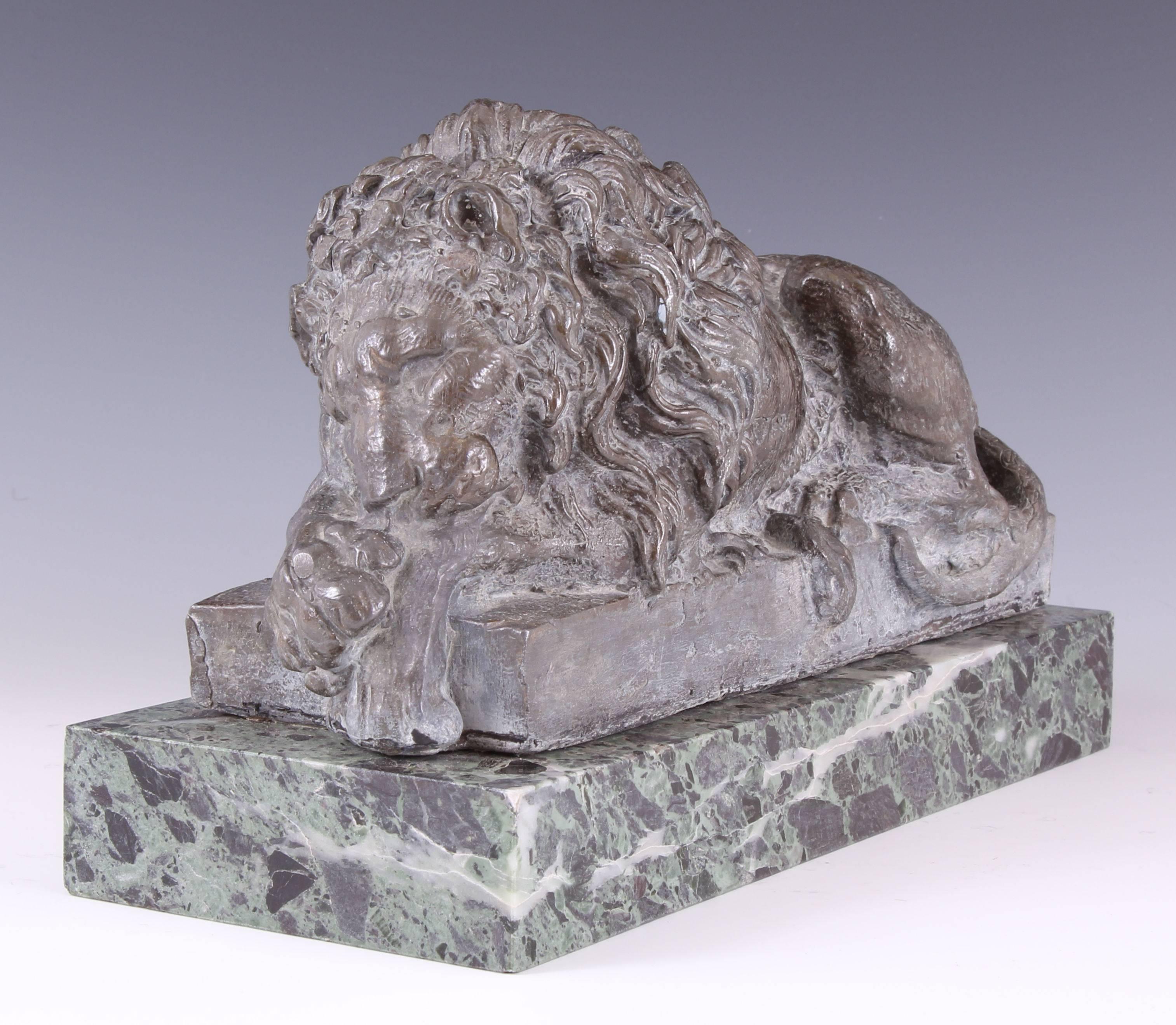 Pair of 19th Century Lead Canova Lions of Marble Plinths 1