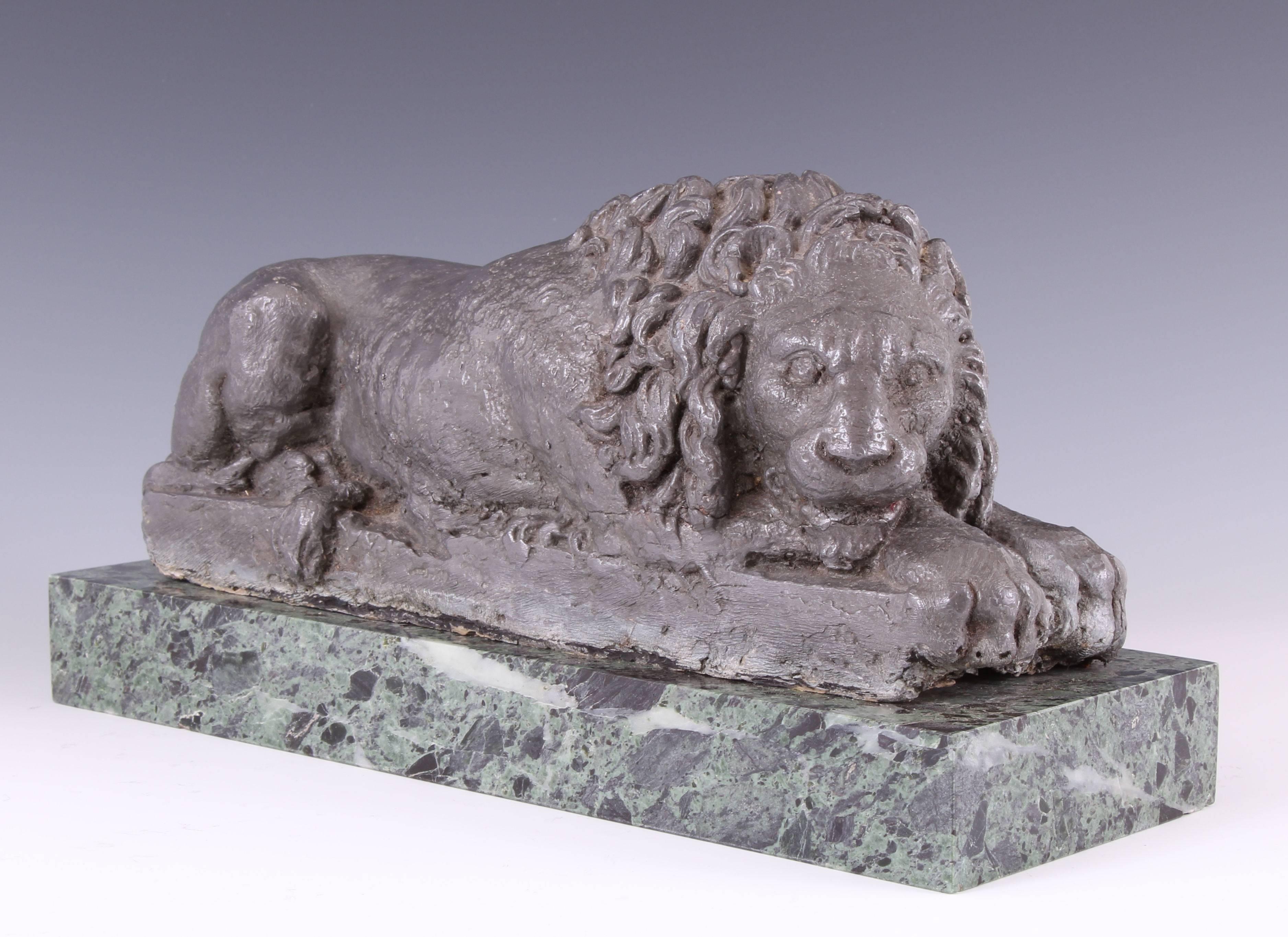Pair of 19th Century Lead Canova Lions of Marble Plinths 2