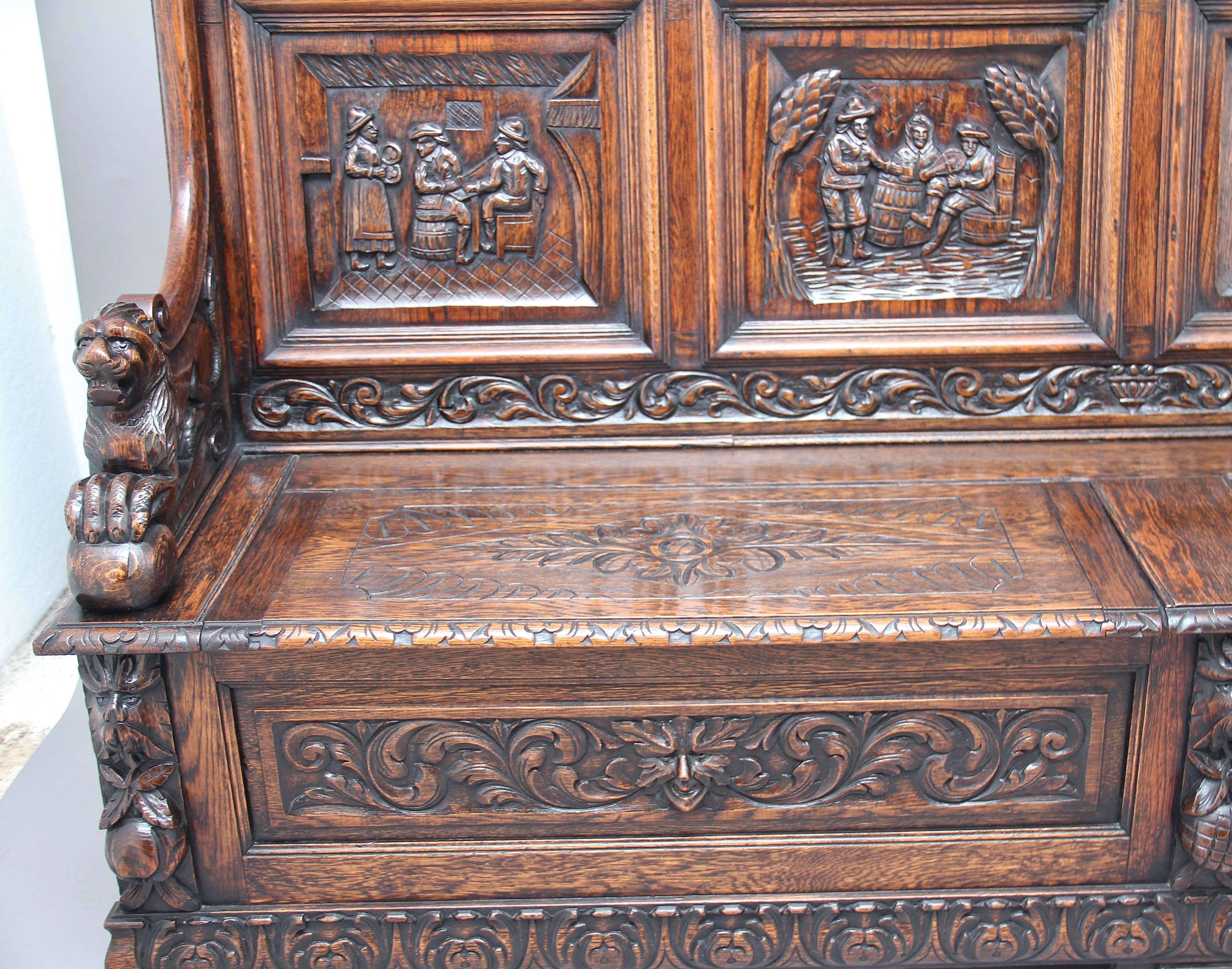 Large 19th Century Carved Oak Box Settle 1