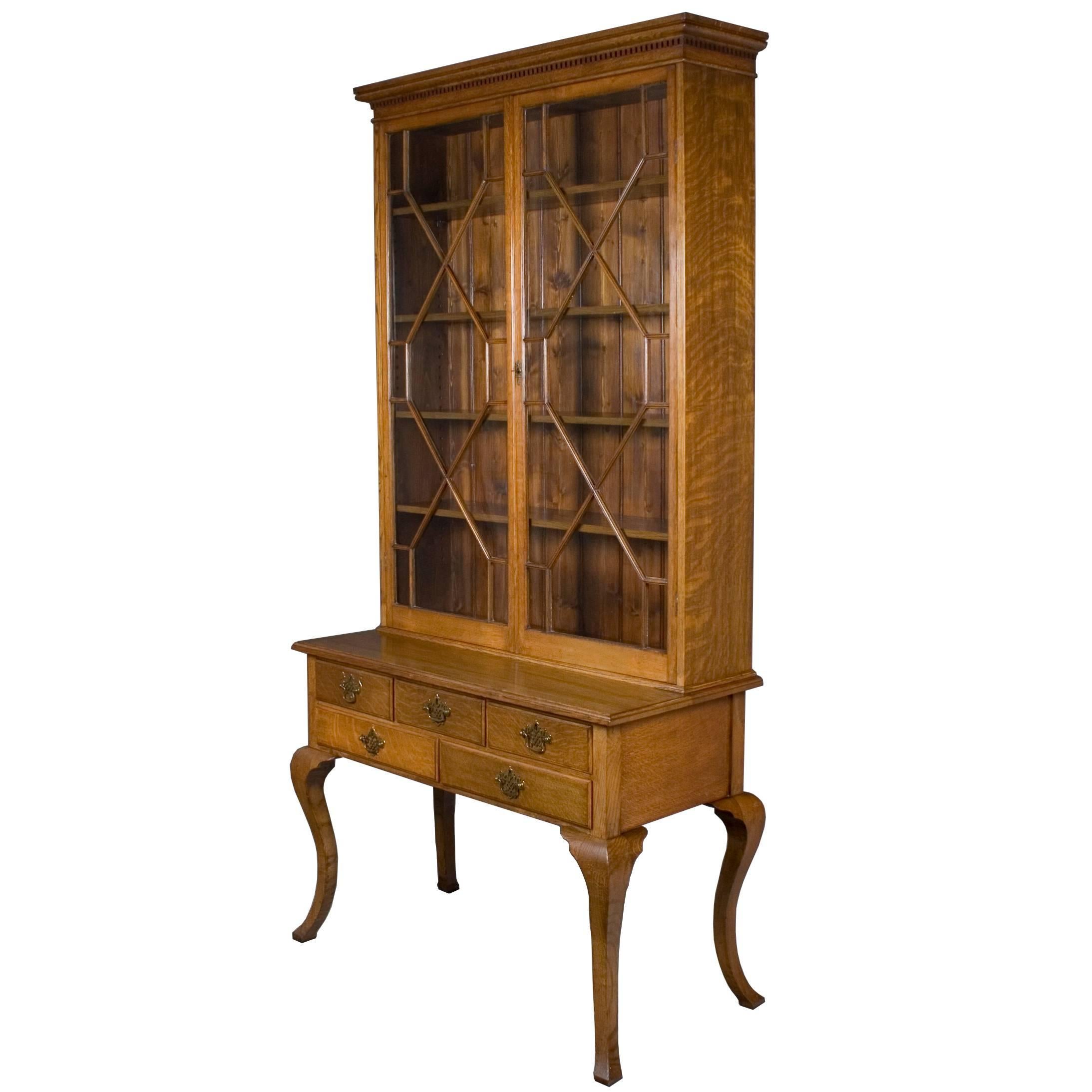 Oak Cabriole Leg Tall Glass Door Bookcase with Drawers