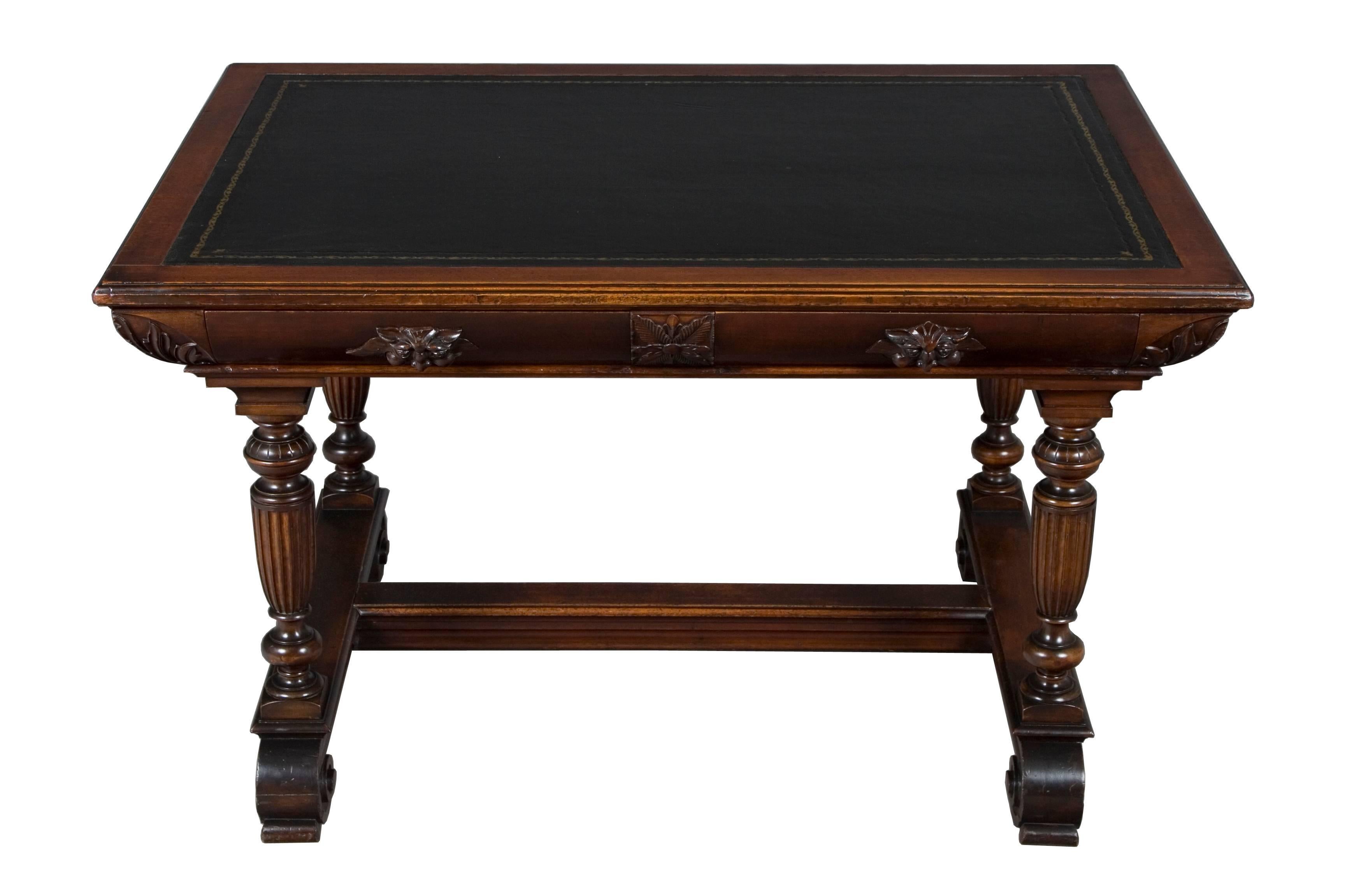 English Carved Mahogany Leather Top Library Table For Sale