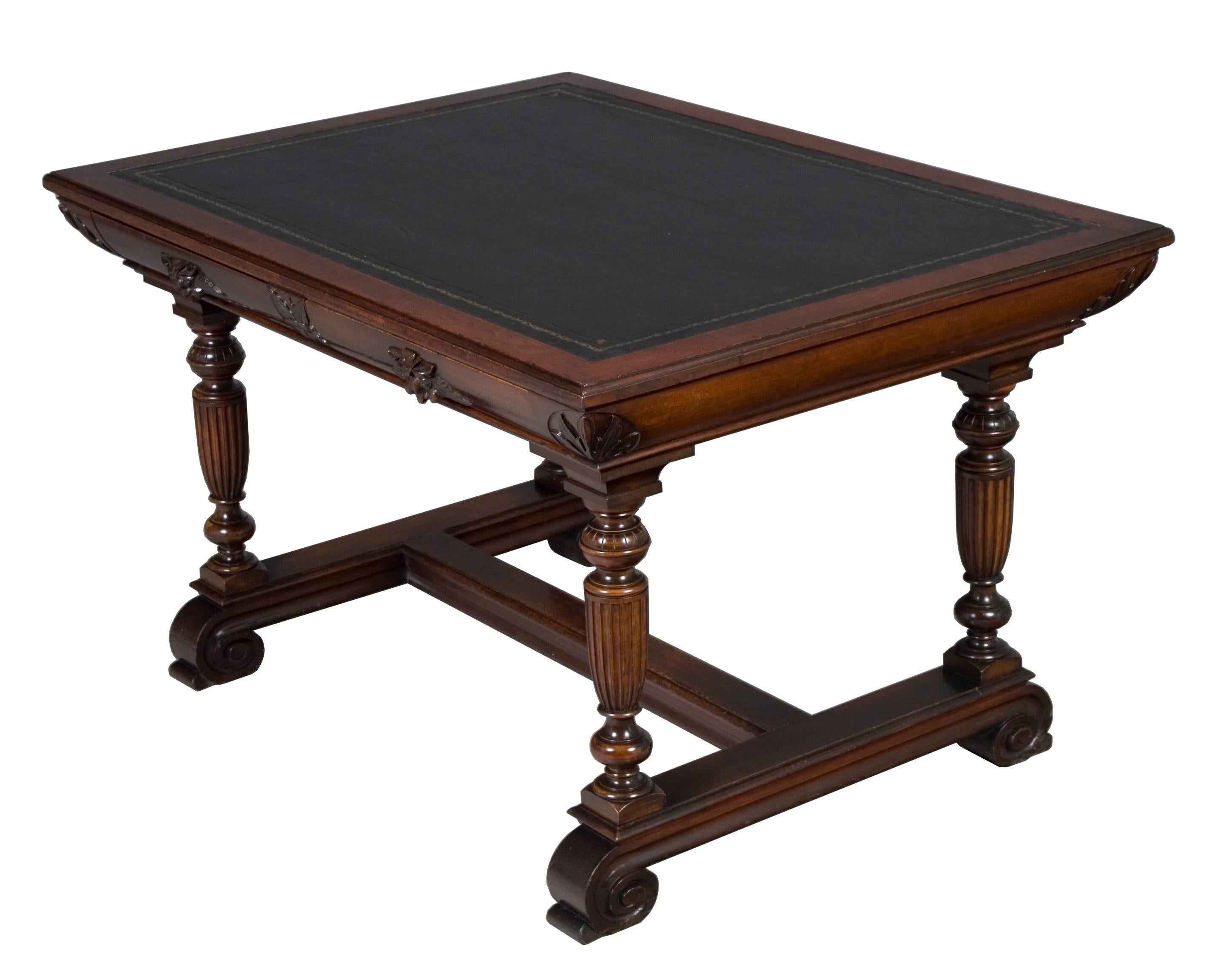 Victorian Carved Mahogany Leather Top Library Table For Sale