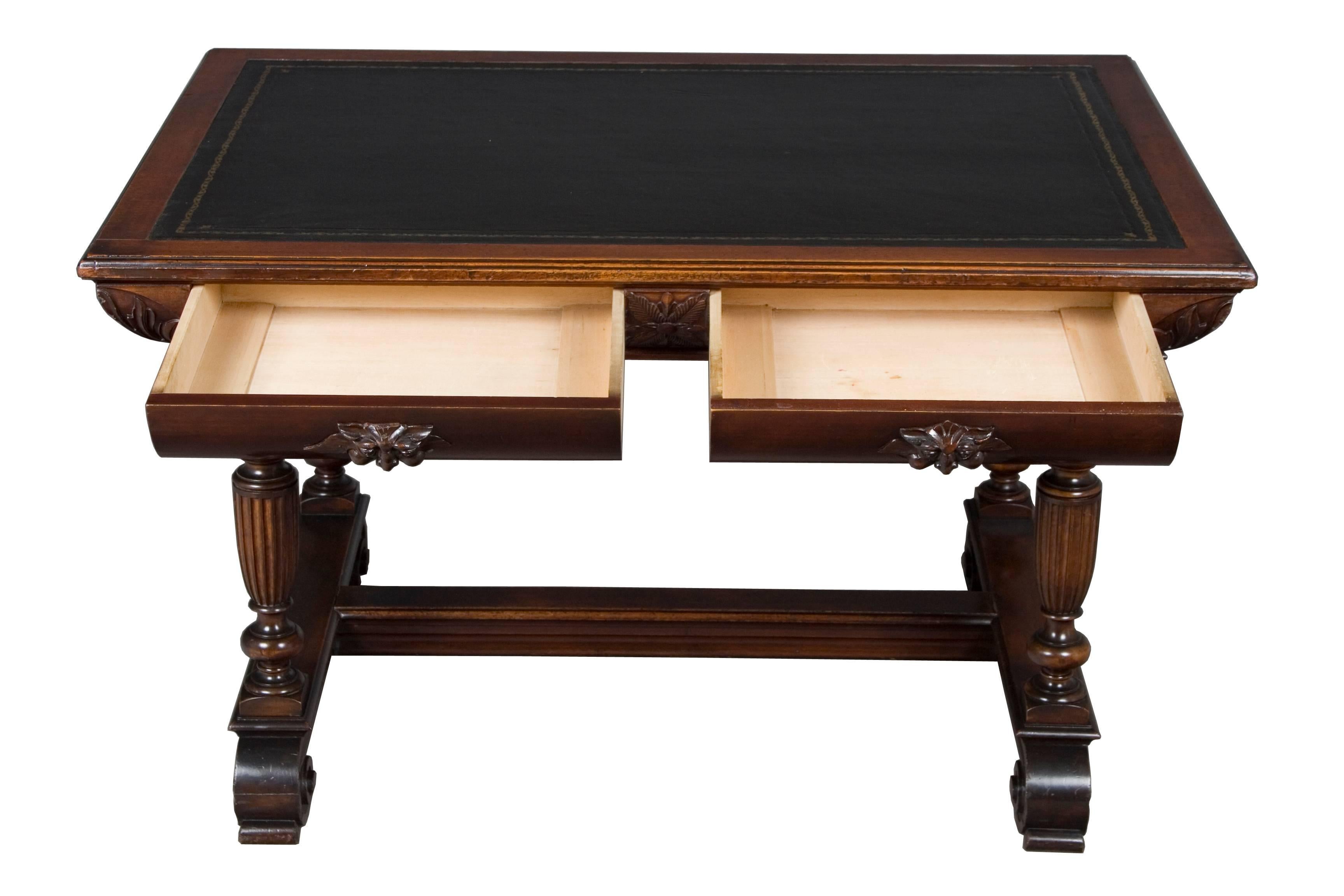Hand-Carved Carved Mahogany Leather Top Library Table For Sale
