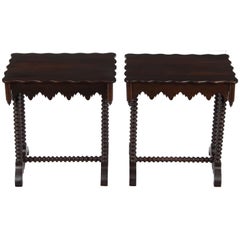 Pair of Dark Wood Twist Leg Matching Gothic Style End Tables with Drawers