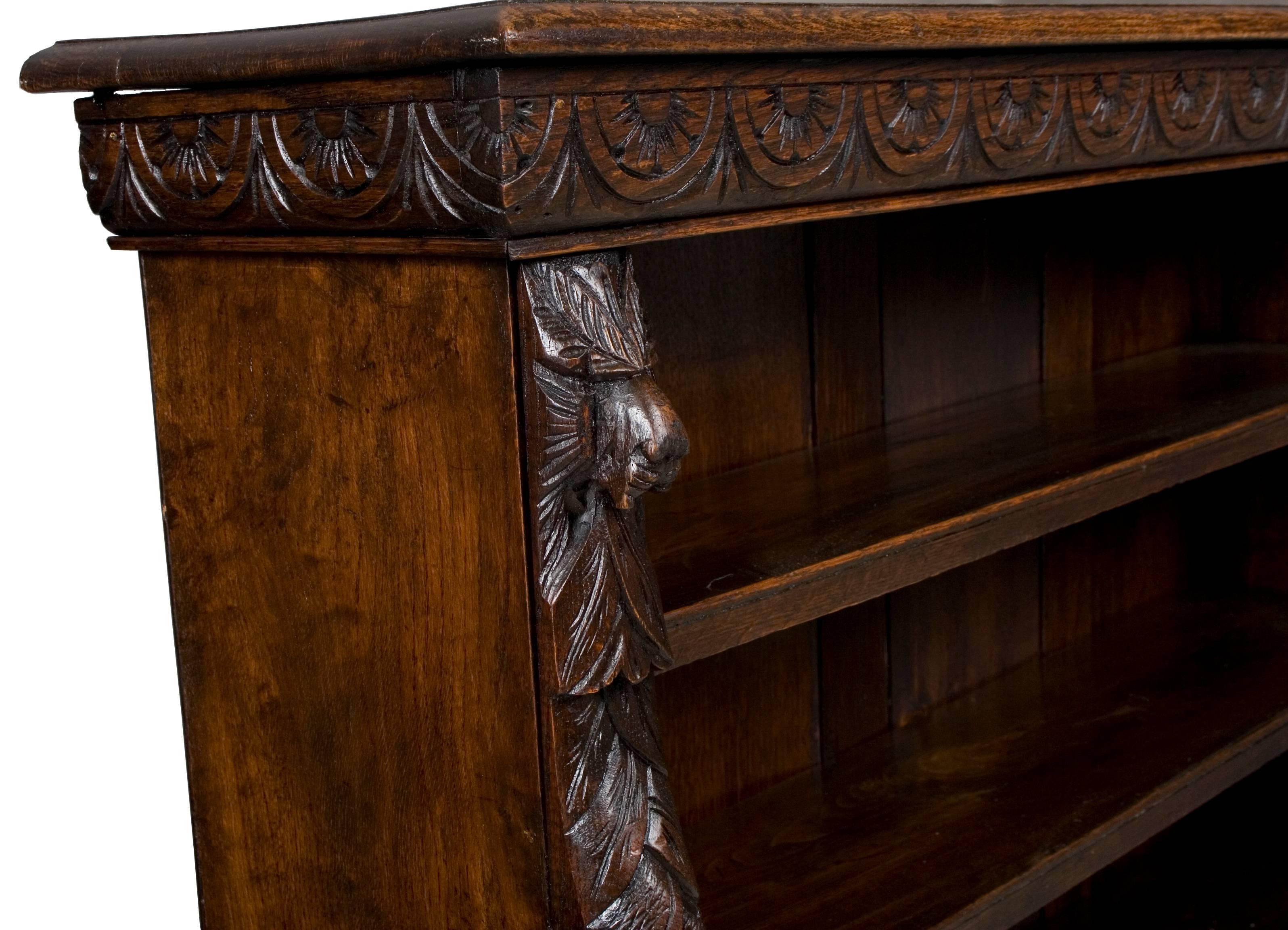 Hand-Carved English Victorian Period Carved Oak Short Bookcase