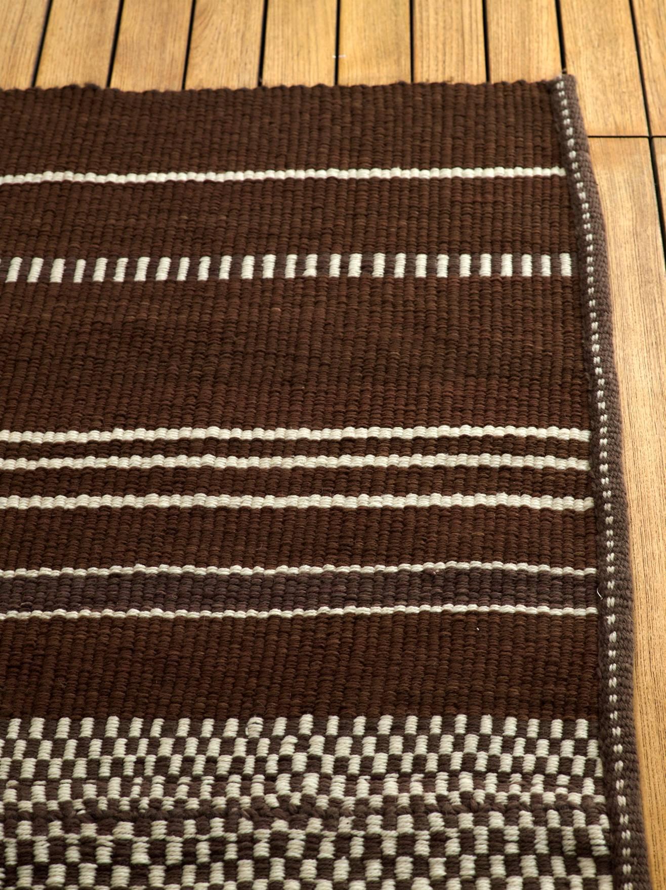 This outstanding rug is handmade in Argentina, woven on traditional manual loom with 100% pure fine hand spun sheep wool from the Andes. Ecru wool have the natural color without dyeing, brown wool is dyed with Algarrobo’s bark: South American carob