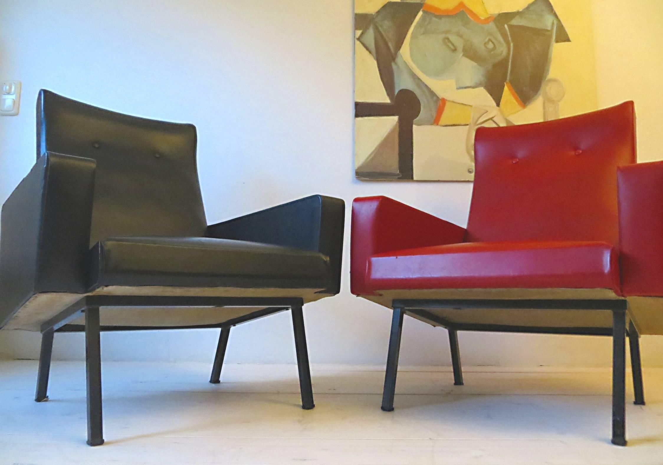 Pair of 1950s French Vintage Armchairs Lounge Chairs Style of Pierre Guariche In Good Condition For Sale In Hamburg, DE
