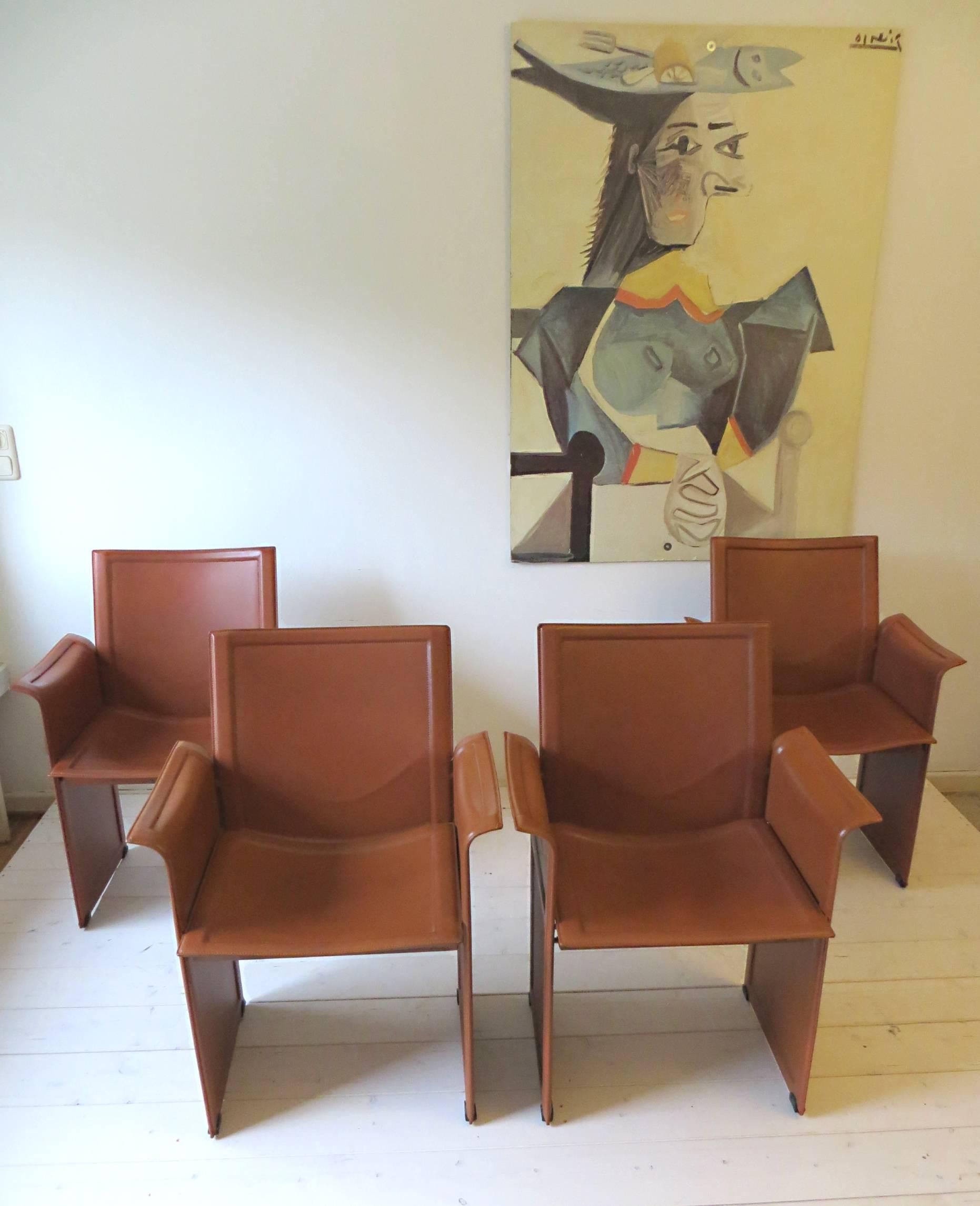 These Korium chairs are a Italian design classic from the 1970s. They are especially elegant in their minimalistic design. Korium KM1 designed by Tito Agnoli in 1978 - his main focus was Industrial design additionally he was an assistant for Gio