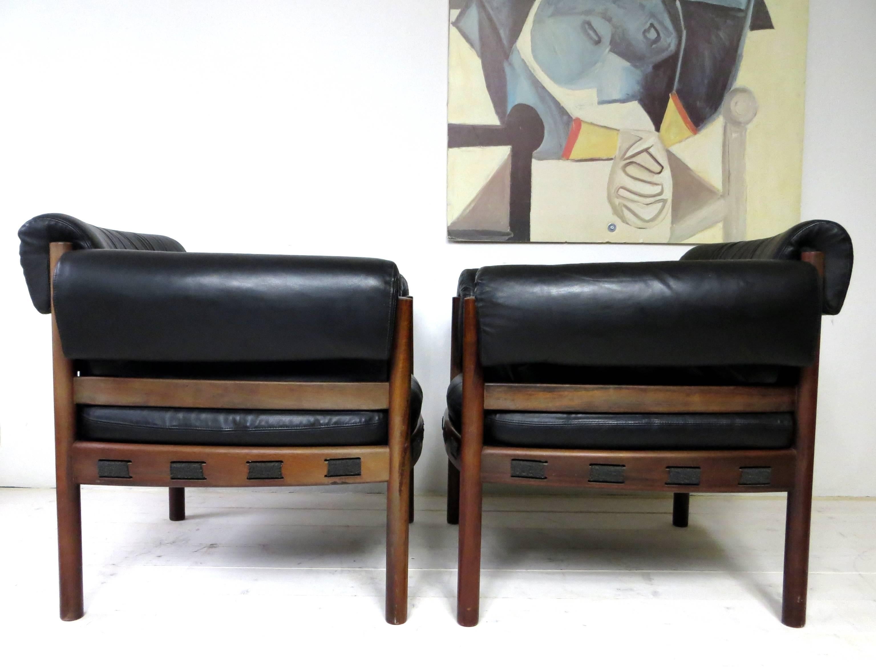 Swedish Pair of Arne Norell Rosewood Lounge Chairs for Coja Sweden in Black Leather