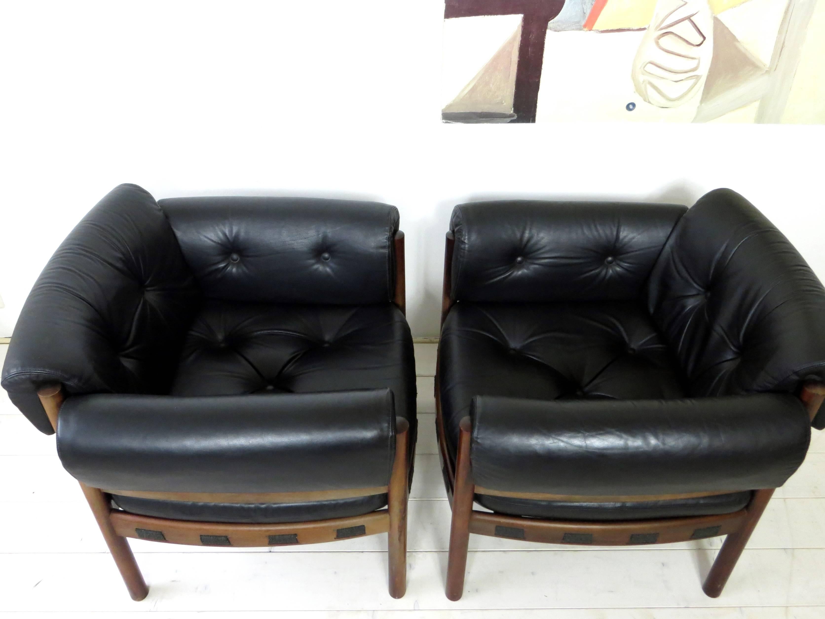 20th Century Pair of Arne Norell Rosewood Lounge Chairs for Coja Sweden in Black Leather