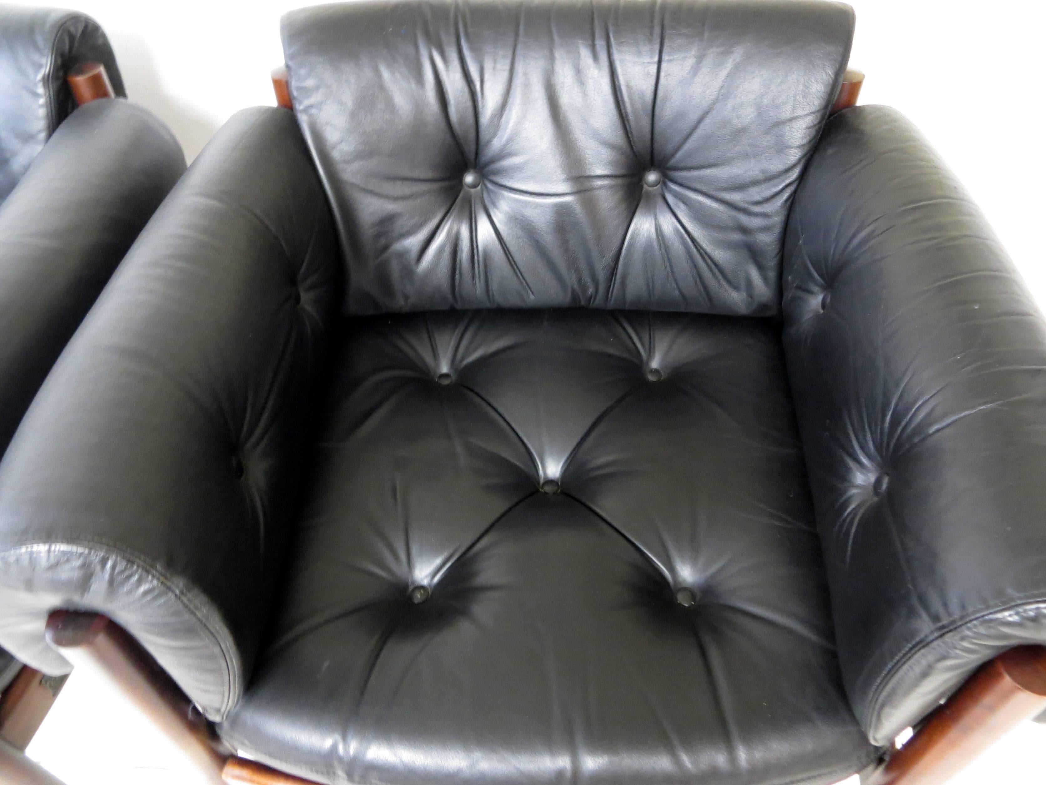 Pair of Arne Norell Rosewood Lounge Chairs for Coja Sweden in Black Leather 1