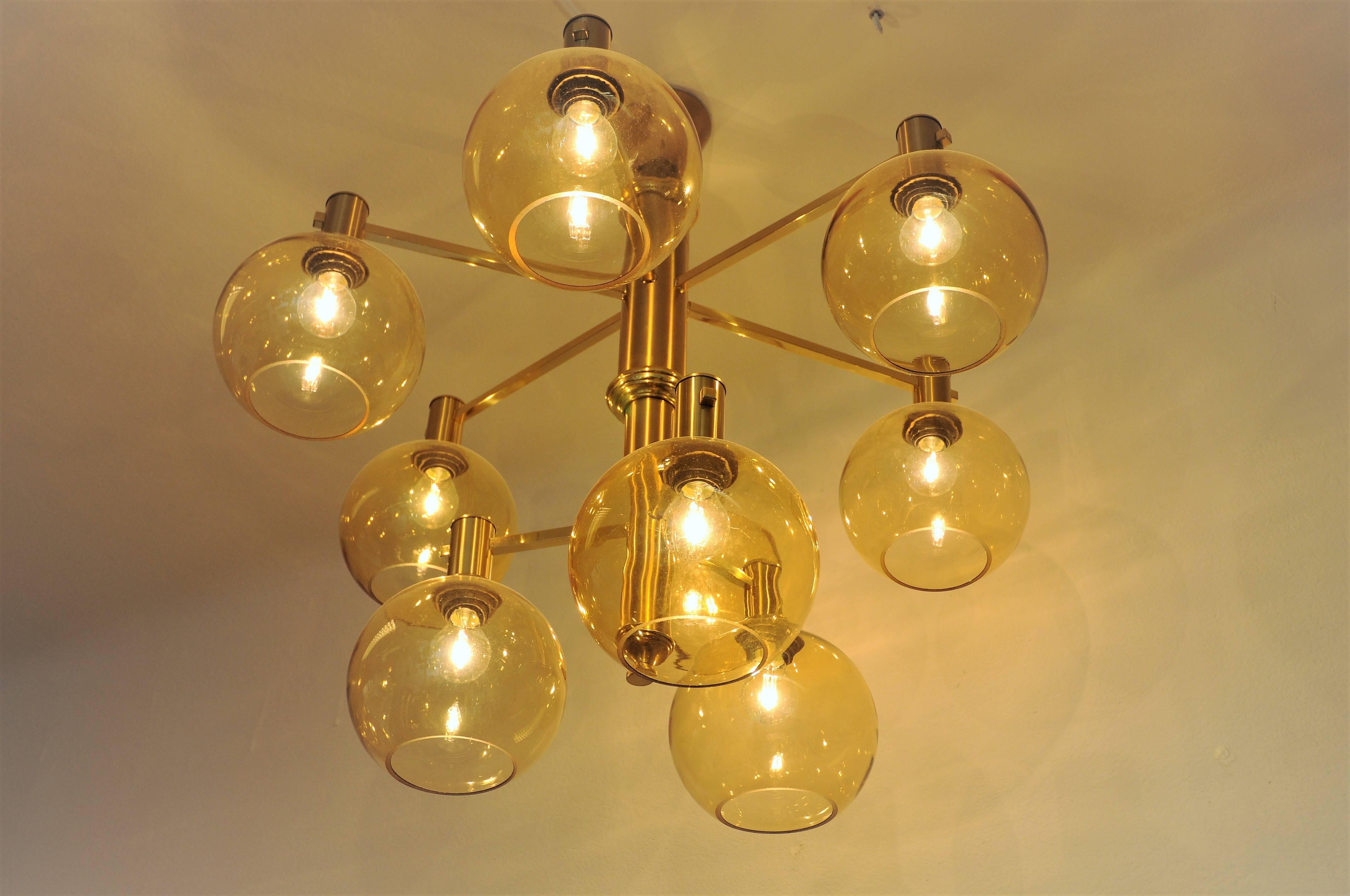 Scandinavian Modern Large Vintage Brass and Glass Ceiling Lamp with golden domes 1960`s, Sweden