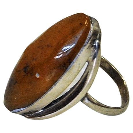 Stone Large Amberstone Silver ring from the 1950s, Scandinavia For Sale