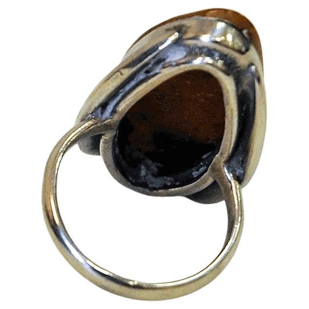 Large Amberstone Silver ring from the 1950s, Scandinavia In Good Condition For Sale In Stockholm, SE