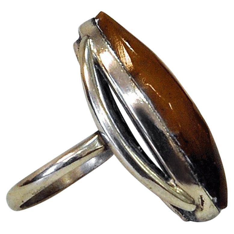 Large Amberstone Silver ring from the 1950s, Scandinavia For Sale