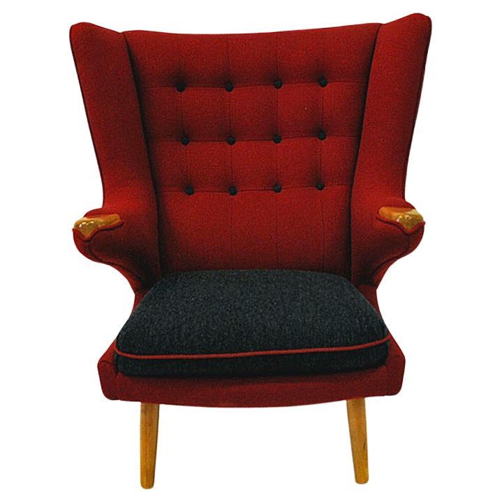 Lovely and large Scandinavian Red and Black Wingback Armchair 1950s In Excellent Condition For Sale In Stockholm, SE