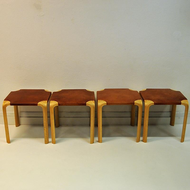 Alvar Aalto Stool Model X601 with Leather Seats, 1954 by Artek Finland, Pcs 3