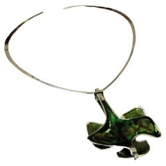 Vintage Norwegain Silver Necklace with Green Enamel Pendant by Bjørn Sigurd Østern 1970s