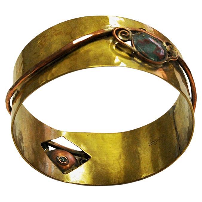 Unique Brass and Copper midcentury Bracelet by Anna Greta Eker, Norway, 1960s For Sale