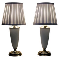Norwegian Pair of Opaline Glass and Brass Table Lamps from Høvik 1956