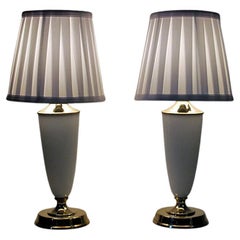 Retro Norwegian Pair of Opaline Glass and Brass Table Lamps from Høvik 1956