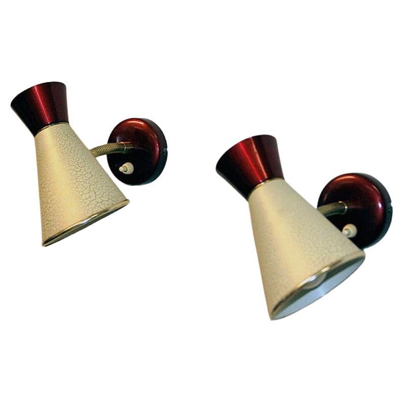 Swedish Beige and Red Metal Vintage Pair of Cone Wall Sconces by, 1950s For Sale