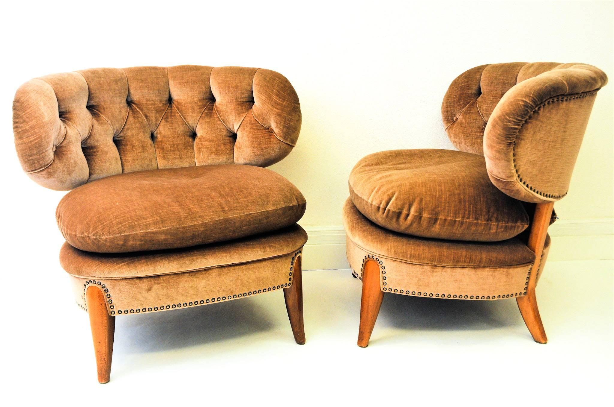 Mid-20th Century Pair of beige Easy Chairs  1940`s in beautiful velvet- Otto Schulz, Boet-Sweden