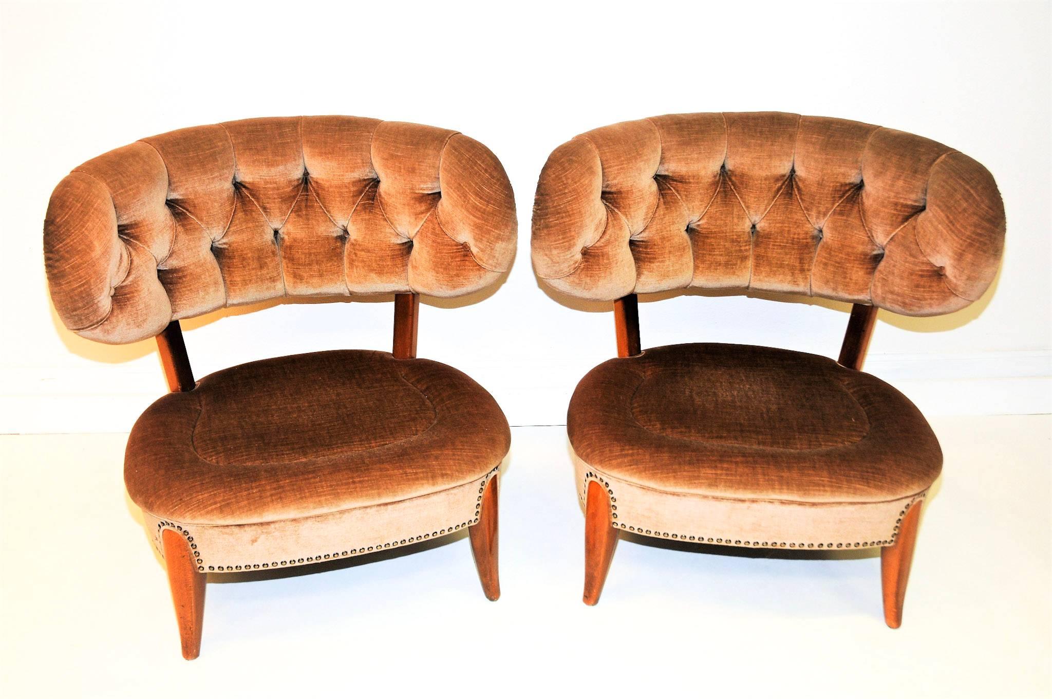 Mid-Century Modern Pair of beige Easy Chairs  1940`s in beautiful velvet- Otto Schulz, Boet-Sweden