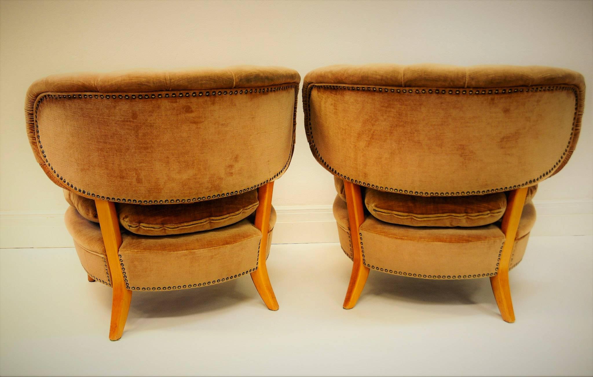 Swedish Pair of beige Easy Chairs  1940`s in beautiful velvet- Otto Schulz, Boet-Sweden