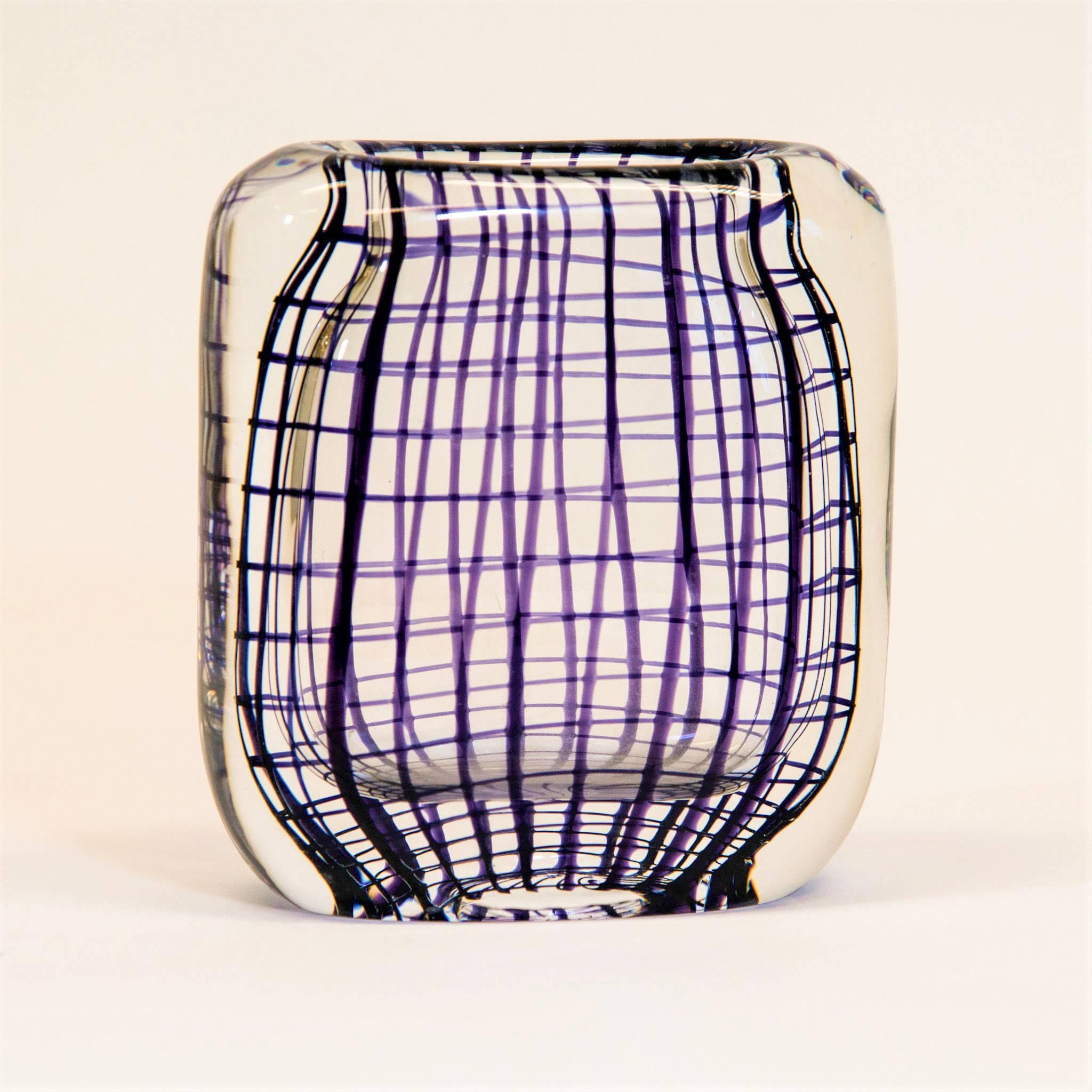 Scandinavian Modern Vintage Glass Vase with Purple Decor by Hermann Bongaard, Norway 1950s