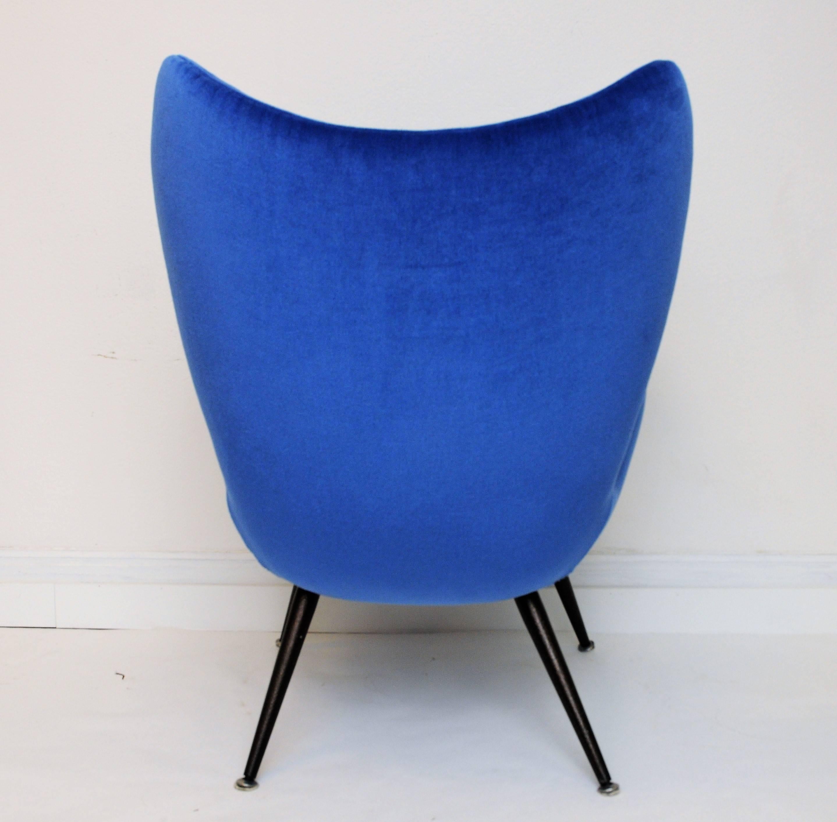 Mid-Century Modern Beautiful pair of Blue Velvet Armchairs from the 1960`s Italian Style