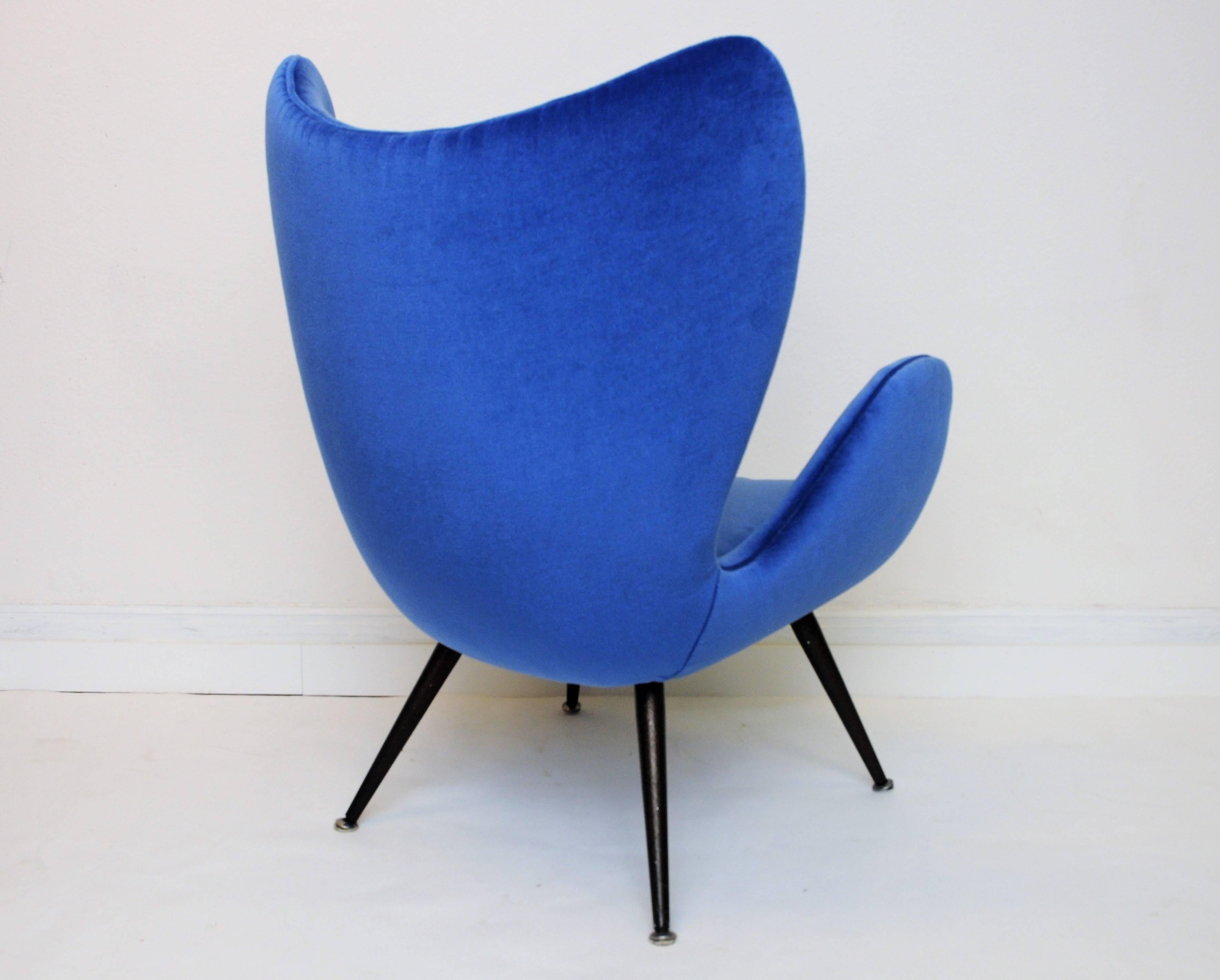 Blackened Beautiful pair of Blue Velvet Armchairs from the 1960`s Italian Style