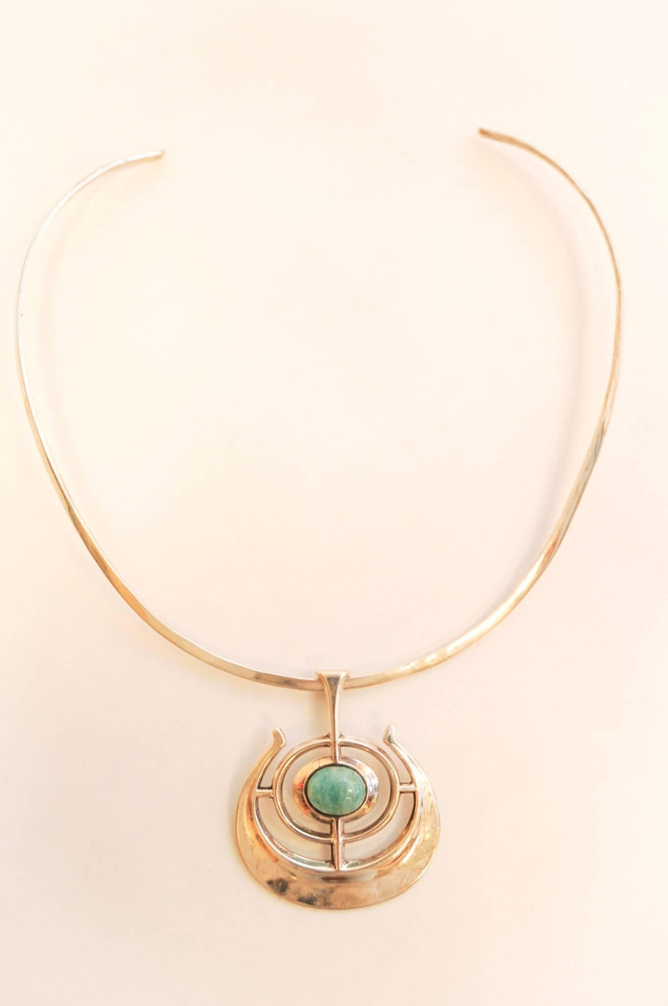 Ship of good Fortune, designer Bjørn Sigurd Østern, Produced by David Andersen. Sterling Silver Pendant with Amazonite stone, 1964. Materials: sterling silver, amazonite from David Andersen`s famous TROLL series. Size: 5.3 x 4.5cm.  Weight: 23