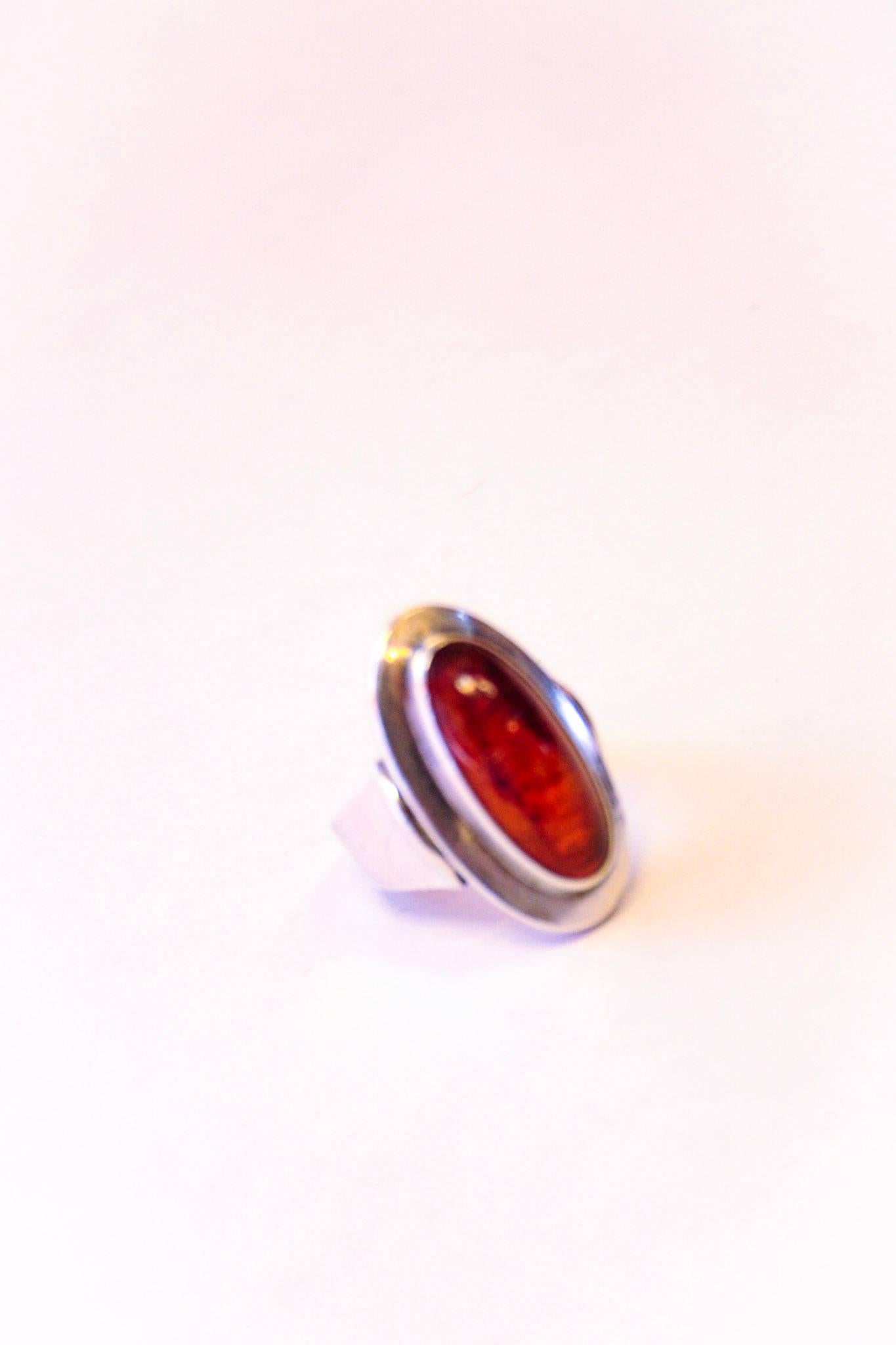 Norwegian Oval Sterling Amber Ring from the 1960`s, N E from Norway