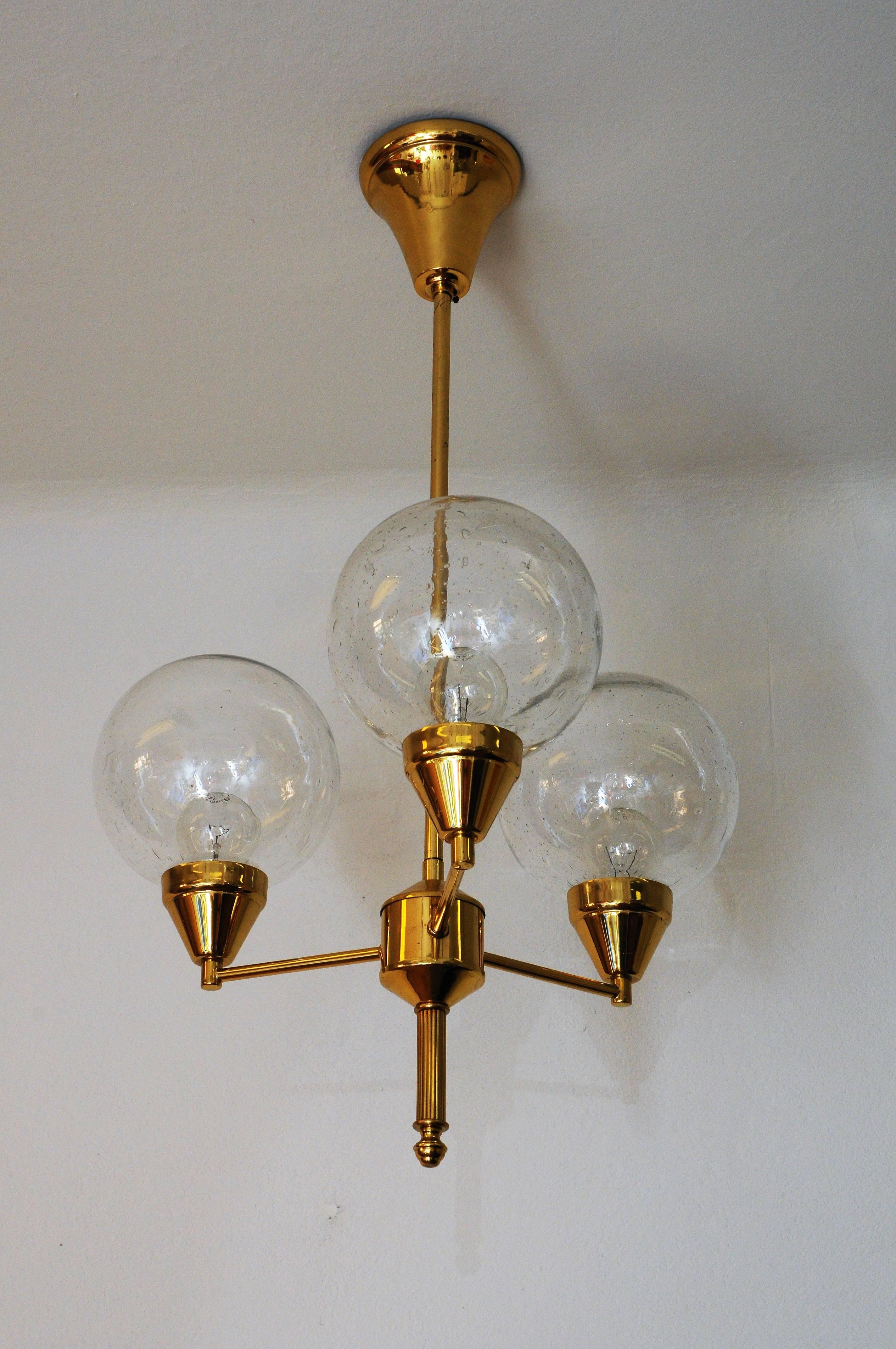 Brass Ceiling Lamp with Three Clear Glass Domes 1960`s - Sweden 1