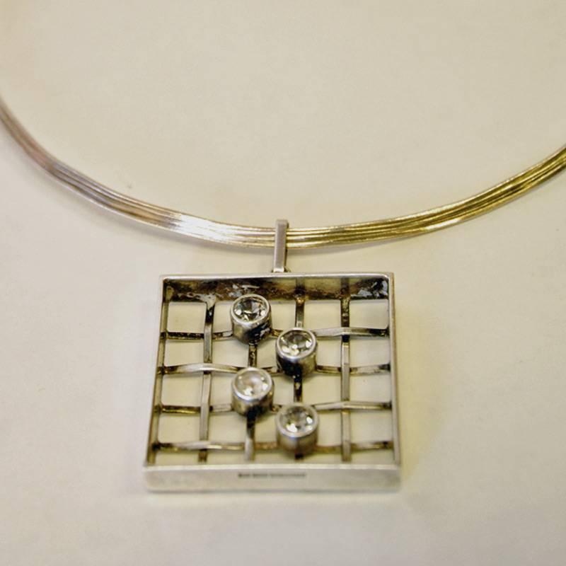Scandinavian Modern Silver Necklace with Brilliant Cut Rock Crystals 1960-70`s, Salovaara, Finland