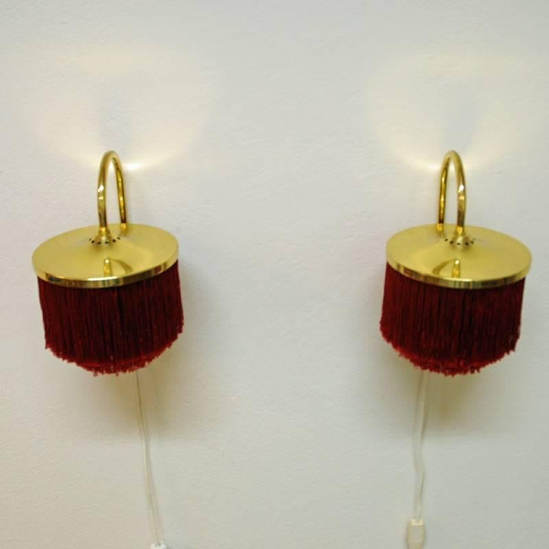 Mid-20th Century Pair of Red Silk Fringe Wall Lamps V271 from 1960`s, Hans-Agne Jakobsson-Sweden