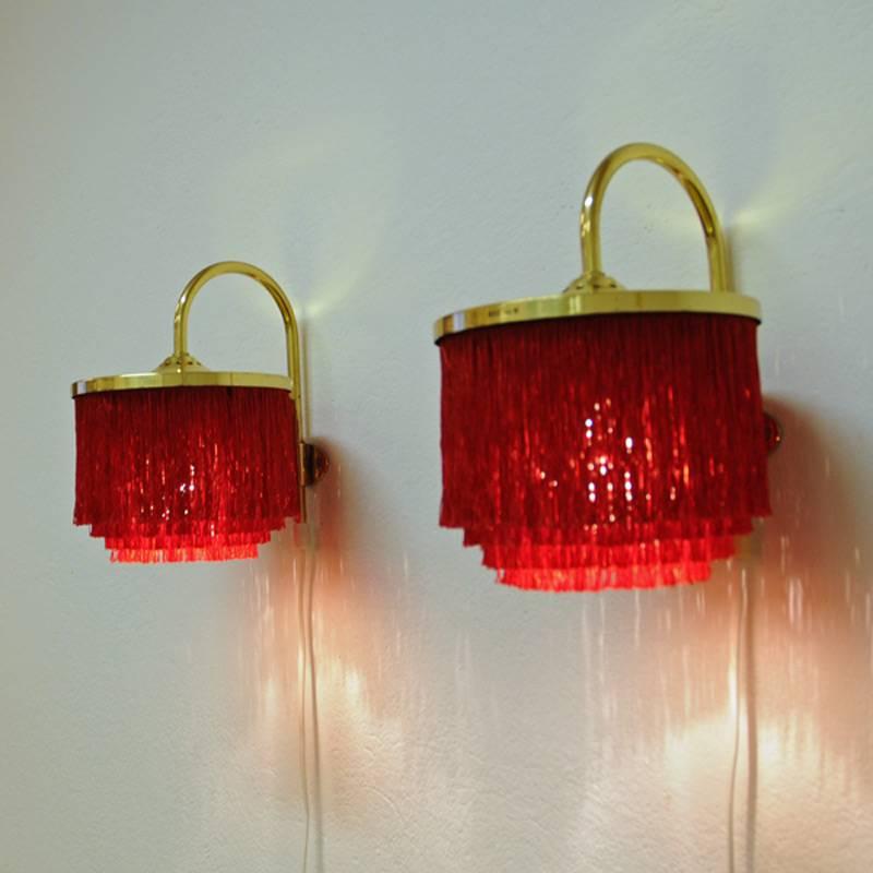 Brass Pair of Red Silk Fringe Wall Lamps V271 from 1960`s, Hans-Agne Jakobsson-Sweden