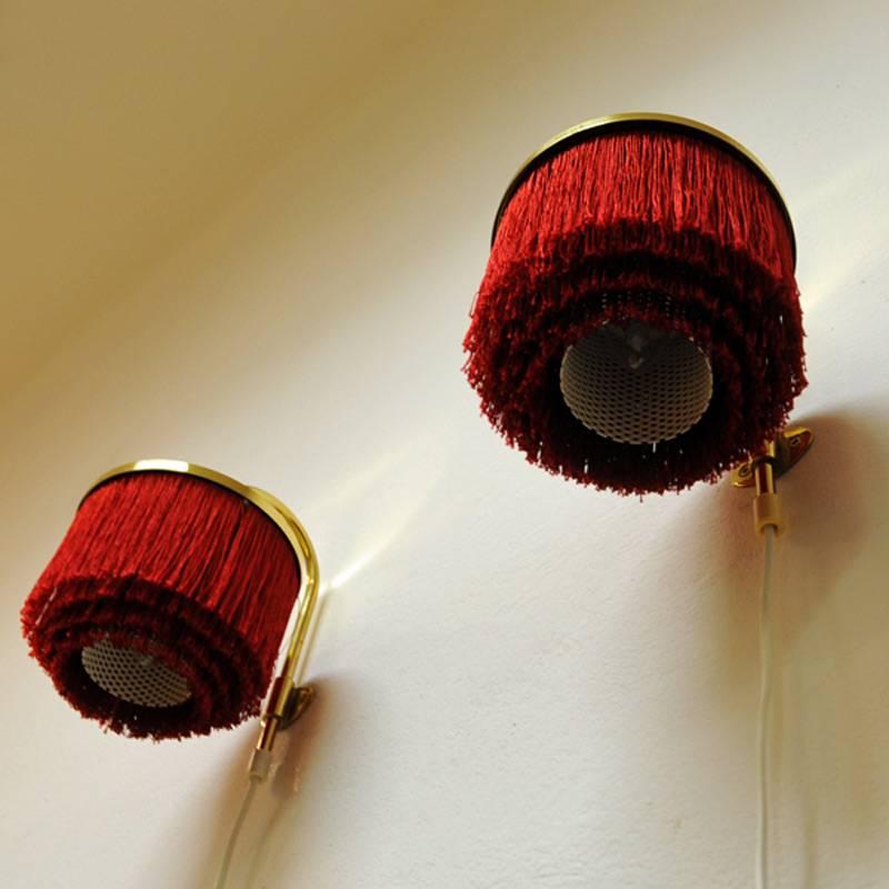 Pair of Red Silk Fringe Wall Lamps V271 from 1960`s, Hans-Agne Jakobsson-Sweden In Good Condition In Stockholm, SE