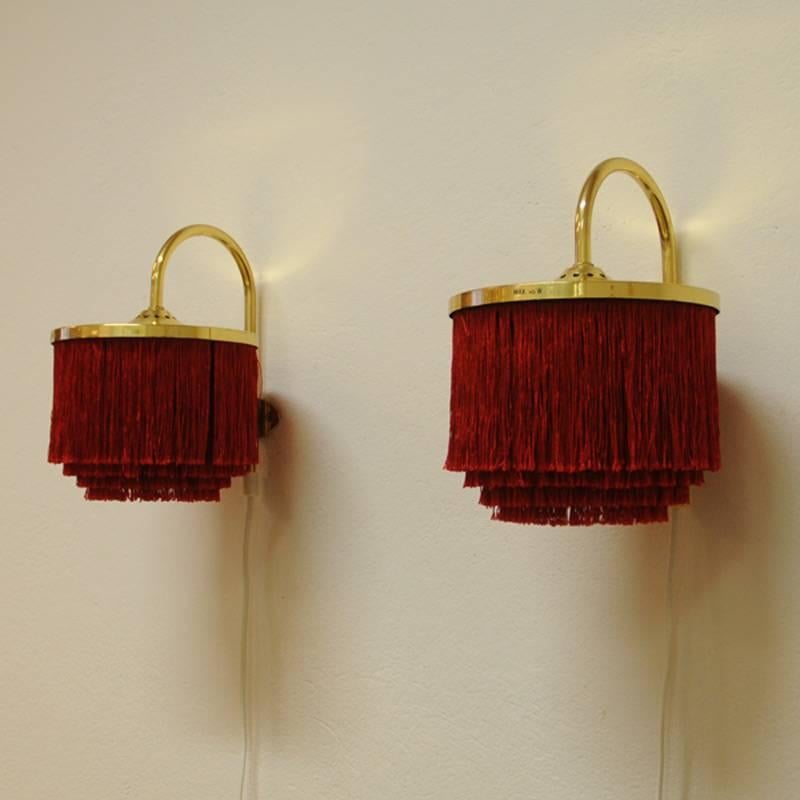 Polished Pair of Red Silk Fringe Wall Lamps V271 from 1960`s, Hans-Agne Jakobsson-Sweden