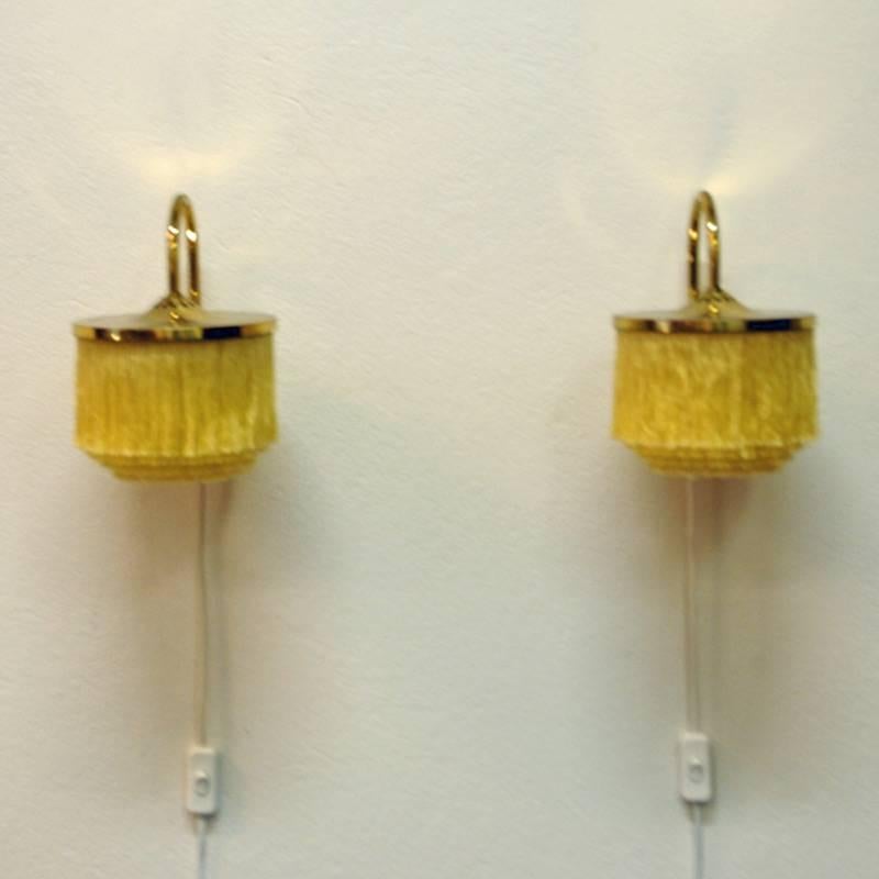 Swedish Pair of yellow Silk Fringe Wall lamps V271, 1960`s by Hans-Agne Jakobsson-Sweden