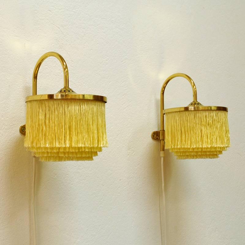 Mid-Century Modern Pair of yellow Silk Fringe Wall lamps V271, 1960`s by Hans-Agne Jakobsson-Sweden