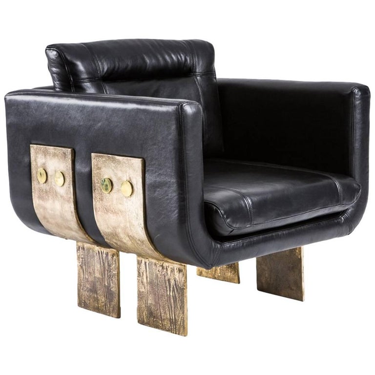 Bradshaw Leather and Stamped Brass Occasional Contemporary Chair For Sale