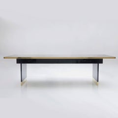 Winslow Dining Table in Brass and Lacquered Wood with Glass Top Contemporary