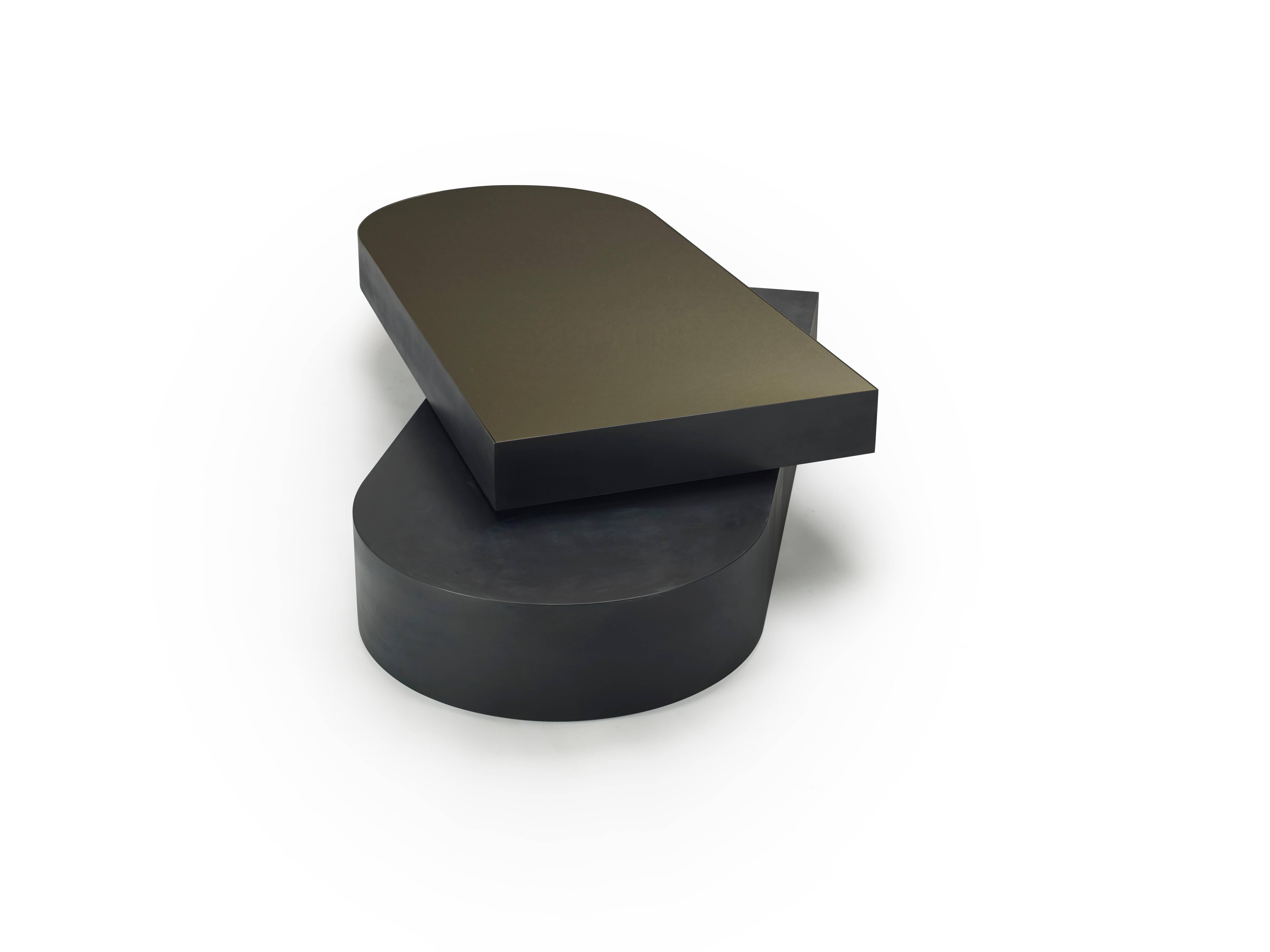 Minimalist Columbus Coffee Table in Blackened Aluminum and Polished Brass by Jonathan Nesci For Sale