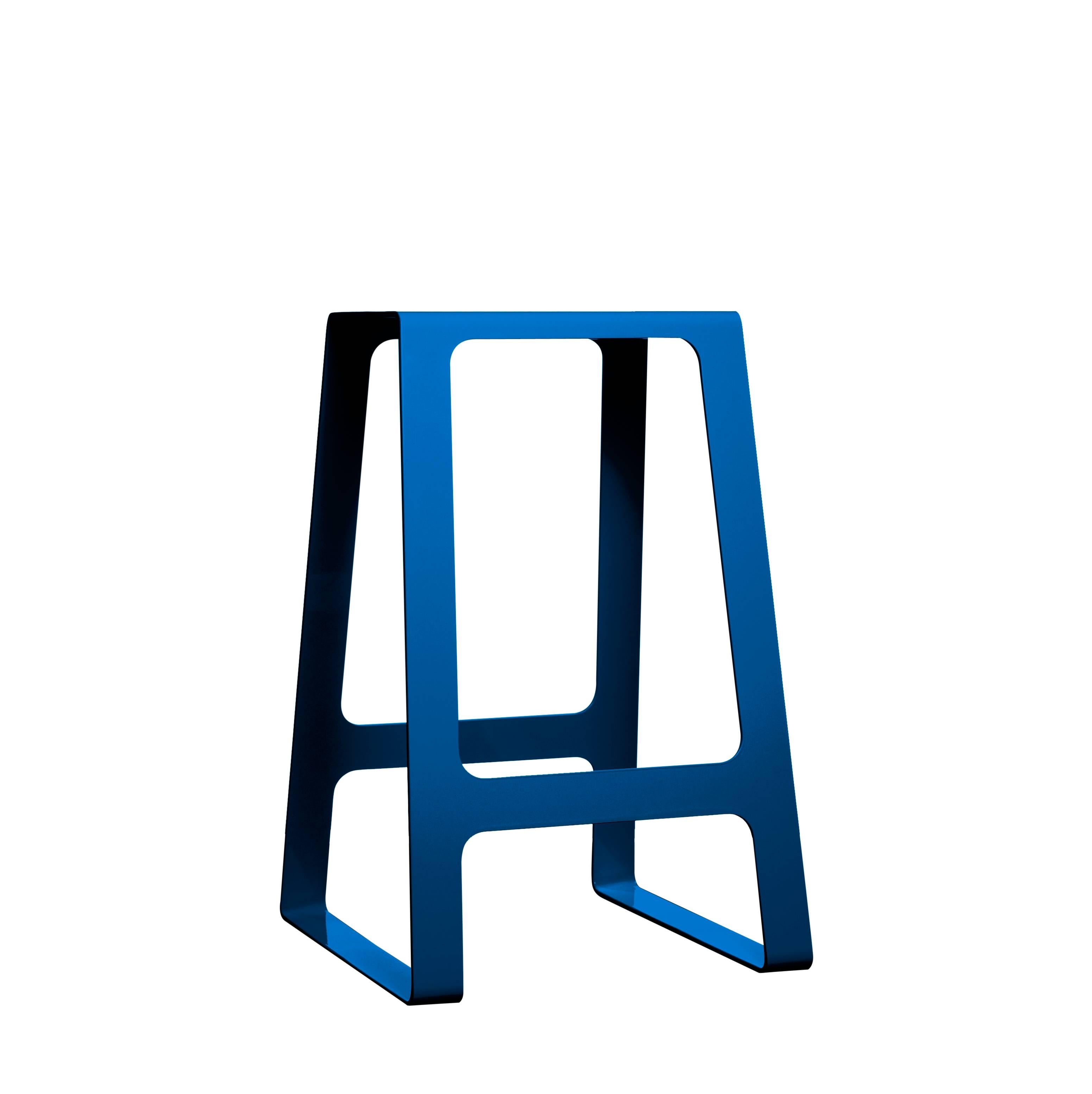 Contemporary A_Stool in counter height stool in powder-coated aluminium. A minimal, backless design in durable powder-coated aluminium. Also available in brushed, sanded, or polished finish. Signed, dated and numbered to the underside with a